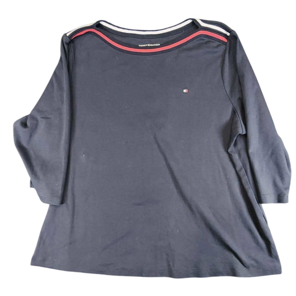 Tommy Hilfiger Shirt Womens 1X Navy Blue Boat Neck Striped Trim Long Sleeve Logo